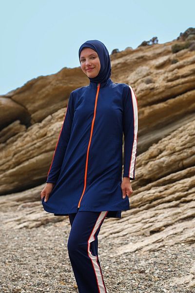 Marina Parachute 3-teiliger marineblauer Hijab-Badeanzug mit Reißverschluss, vollständig bedeckt, M2270