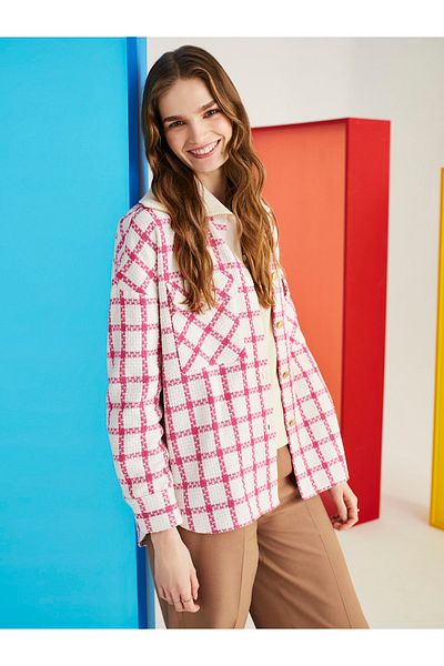 LC Waikiki Inggalléros kockás hosszú ujjú Tweed női ingkabát