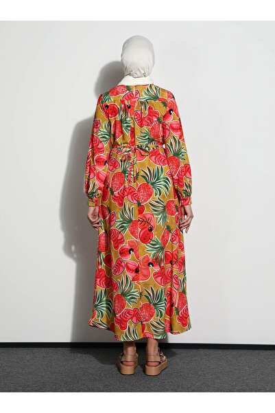 Benin Φόρεμα Hijab με φλοράλ στάμπα με δαντέλα στη μέση - Κοραλί τροπικό σχέδιο -