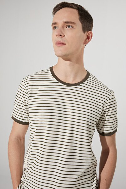 AC&Co / Altınyıldız Classics Ανδρικό μπλουζάκι Χακί Λευκό Slim Fit Slim Fit Crew Neck 100% βαμβακερό ριγέ μπλουζάκι