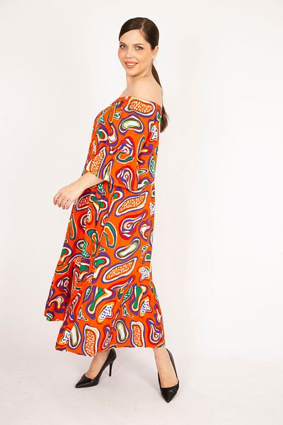 Şans Women's Orange Plus Size Woven Viscose Fabric Collar Elastic Sleeve And Hem Pleated Dress 65n36170