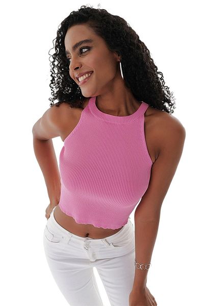 CHUBA Γυναικείο πλεκτό με ριμπ λαιμόκοψη Crop Pink 23s1008