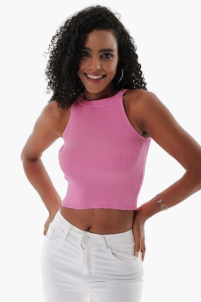 CHUBA Γυναικείο πλεκτό με ριμπ λαιμόκοψη Crop Pink 23s1008