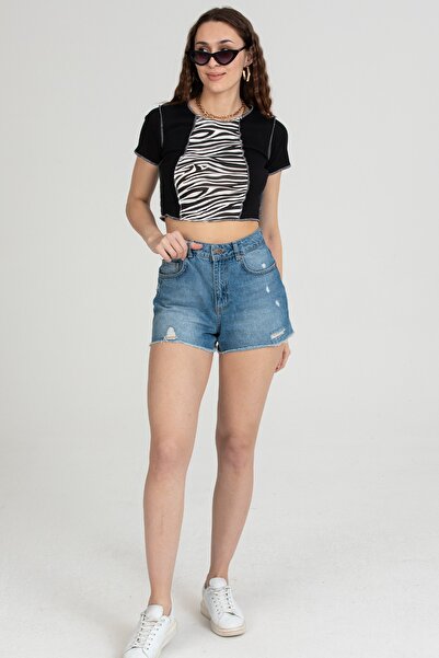 ALFUDO Moda Collection Zebra Patterned Stretch Fabric Viscose and Ribbed Knit Crop Reverse Stitch Black Blouse