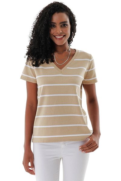 CHUBA Women's V-Neck Thin Striped Cotton Marine Knitwear T-shirt Tan-white 23s1007