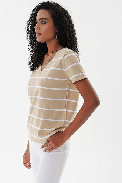 CHUBA Women's V-Neck Thin Striped Cotton Marine Knitwear T-shirt Tan-white 23s1007