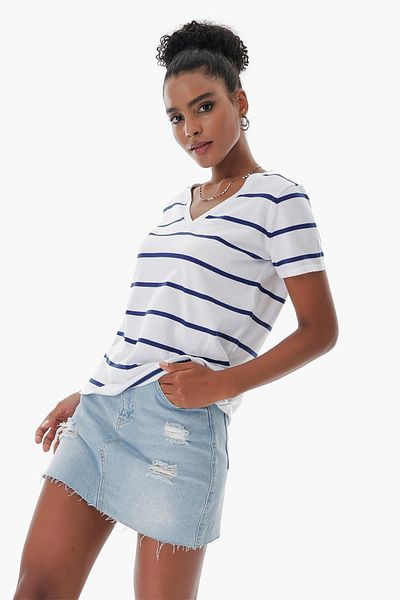 CHUBA Tricou de damă, cu decolteu în V, din bumbac, cu dungi subțiri, tricotaje marine, alb-bleumarin 23s1007