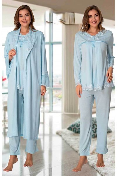 Effortt Set de pijamale de maternitate cu halat albastru
