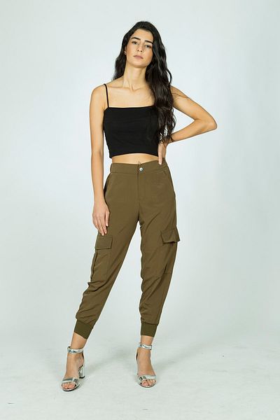 Berm Women's Green Elastic Waist Jogger Cargo Pocket Trousers