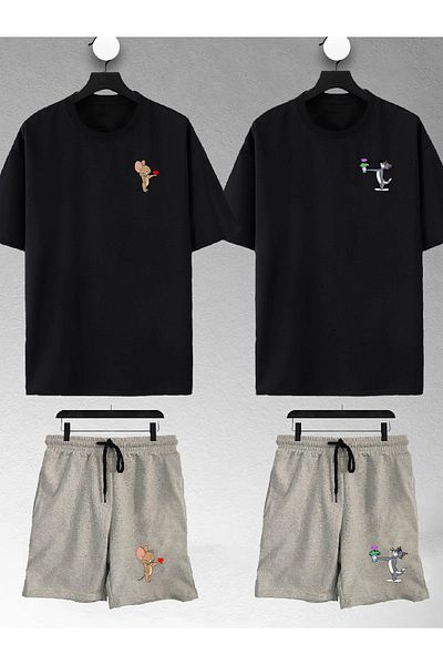 macklin Unisex Γυναικείες Ανδρικές φλοράλ Tom and Jerry Printed Lover Couple Combination Design Oversize Tshirt και σορτς