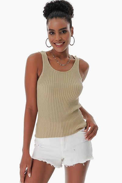 CHUBA Women's Pool Collar Ribbed Thin Cotton Knitwear Undershirt Tan 23s1015