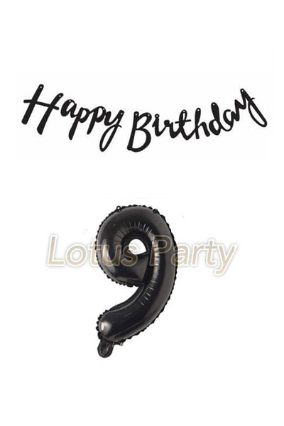 LOTUS PARTY Black 9 Number Foil Balloon Black Happy Birthday Text Banner