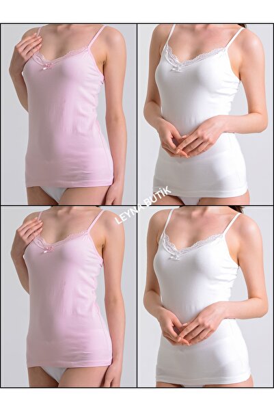 LEYNA BUTİK Women's (EKRU-PINK) Pack of 4 Cotton Rope Strap Undershirt