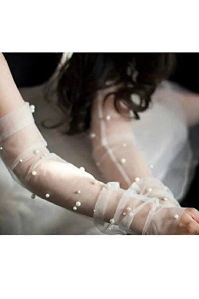 JetDukkan Λευκά μακριά νυφικά γάντια χωρίς δάχτυλα με πέρλες Τούλι