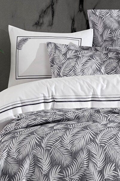 İyi Geceler İstanbul Palm Çift Kişilik Nakışlı Yatak Örtüsü Seti - Gri