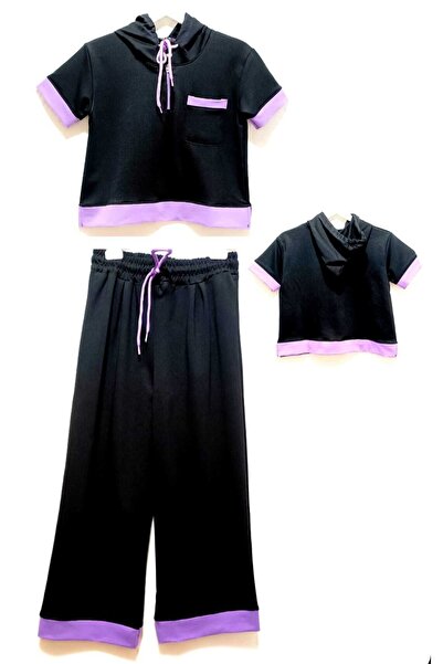 Elvinsa Black Purple Color Top Hooded Half Zipper Trousers Wide Leg Girl's 2-...