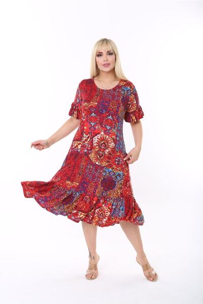 mezura tekstil Plus Size Knee Length Sleeves and Skirt Ruffle Detailed Stylish Pocketed Viscose Combed Cotton Dress