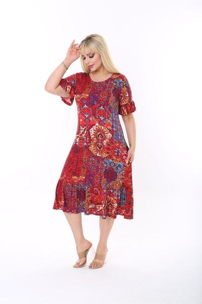 mezura tekstil Plus Size Knee Length Sleeves and Skirt Ruffle Detailed Stylish Pocketed Viscose Combed Cotton Dress