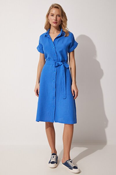 Happiness İstanbul Dámské modré lněné košilové šaty s páskem MX00046