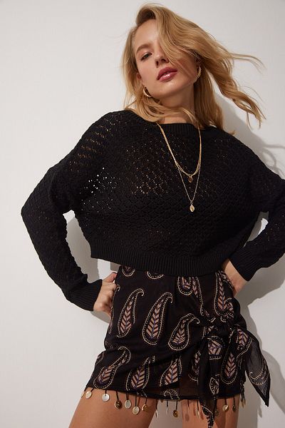 Happiness İstanbul Women's Black Boat Neck Openwork Summer Knitwear Blouse NJ00123