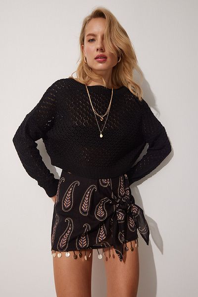 Happiness İstanbul Women's Black Boat Neck Openwork Summer Knitwear Blouse NJ00123