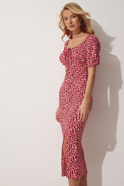 Happiness İstanbul Női sötét rózsaszín Carmen galléros hasított nyári kötött ruha FF00113