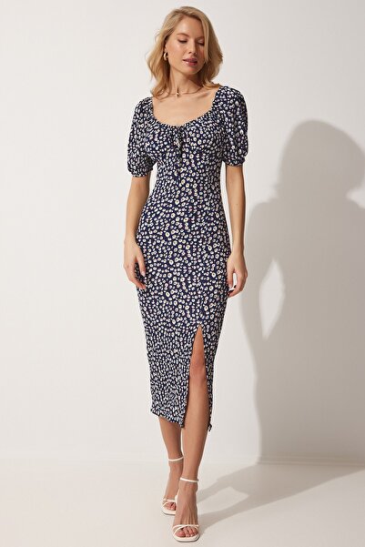 Happiness İstanbul Dámské tmavě modré letní pletené šaty s límcem Carmen FF00113