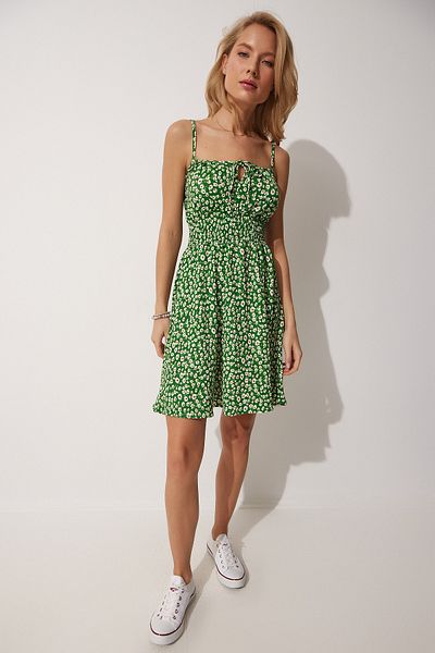Happiness İstanbul Mini rochie tricotată de vară cu bretele, verde, florale, pentru femei FF00112