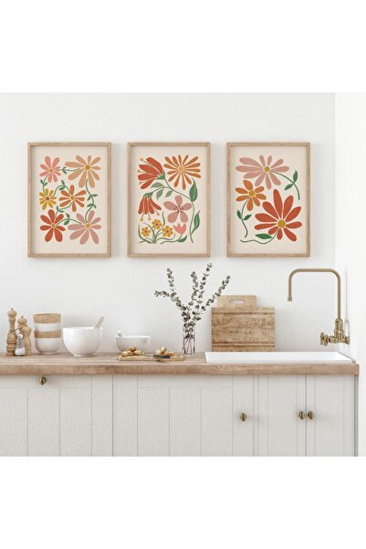 woodhomeworks Gerçek Ahşap 3 Lü Bohem Çiçekli Tablo qmrc