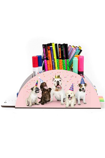 kutuTR Wooden Vip Dog Series Rainbow Ruled Desktop Pen Holder Organizer Assembled Boxed