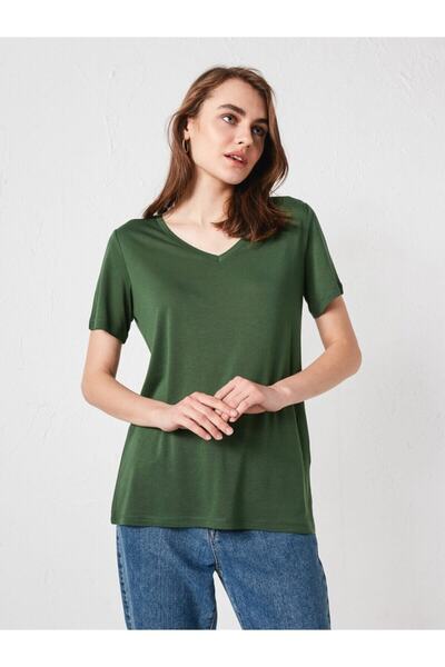 LC Waikiki Women's Green T-Shirt V-Neck Solid Green Short Sleeve Basic from Your Fashion Style