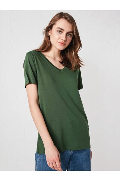 LC Waikiki Women's Green T-Shirt V-Neck Solid Green Short Sleeve Basic from Your Fashion Style