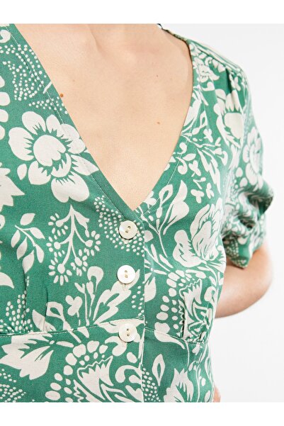 LC Waikiki Květinové lněné dámské šaty s krátkým rukávem s výstřihem do V