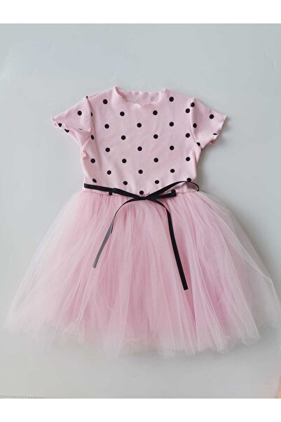 azecekids Pembe Kız Çocuk Puantiyeli Esnek Fitilli Tüllü Elbise Tütü