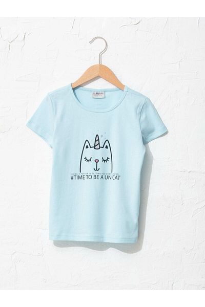 LC Waikiki Tricou albastru pentru fete, cu mânecă scurtă, imprimat cu gâtul turn, de la Your Fashion Style