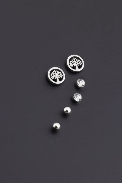 Sortie Aksesuar Stainless Steel Earring Set with Tree of Life Figure and Zirc...
