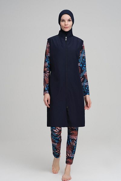 Nehar 3 Piece Hijab Swimsuit Set with Arm and Tights Patterned Navy Blue Jelly 2230