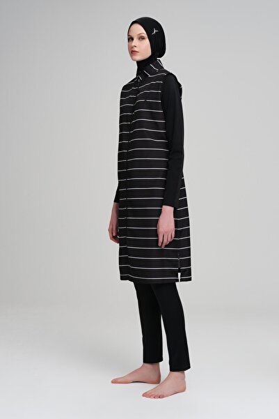 Haşema Σετ μαγιό Hijab 4 τεμαχίων με λευκό ριγέ μαύρο γκιλέ