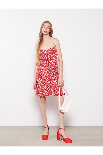 LC Waikiki Heart Collar Floral Strap Viscose Women's Dress