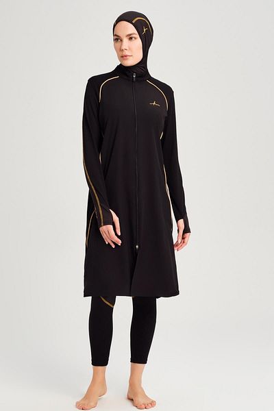 Haşema Performance Series Honeycomb Texture Λεπτομερές μαύρο σετ μαγιό Hijab 4 τεμαχίων H-per 50