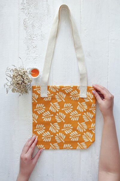 wolo -çevre Dostu- Kanvas Omuz Çantası -hardal -üzerine Yaprak Desenli