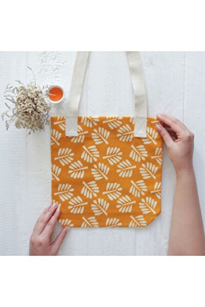 wolo -çevre Dostu- Kanvas Omuz Çantası -hardal -üzerine Yaprak Desenli