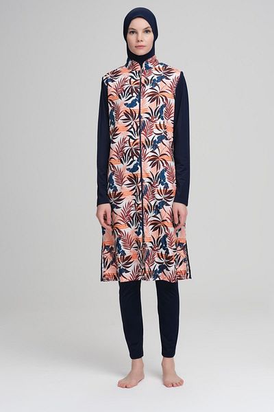 Nehar Leaf Patterned Navy Blue Jelly 3 Piece Hijab Swimsuit Set 2223