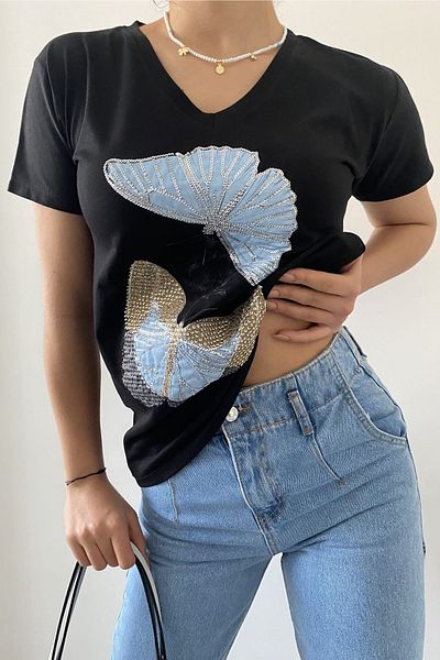 FEMELLE Tricou de damă, negru, mărime mare, cu decolteu în V, cu paiete, brodat din bumbac 100%, de mărime mare