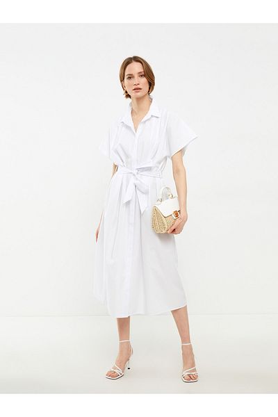 LC Waikiki Popeline-Stoff – kurzärmliges Damenkleid mit Hemdkragen