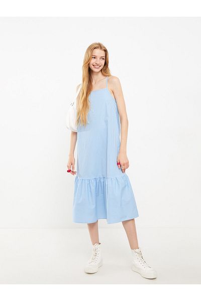 LC Waikiki Γυναικείο φόρεμα Ποπλίνα με τετράγωνο γιακά με ριγέ λουράκι