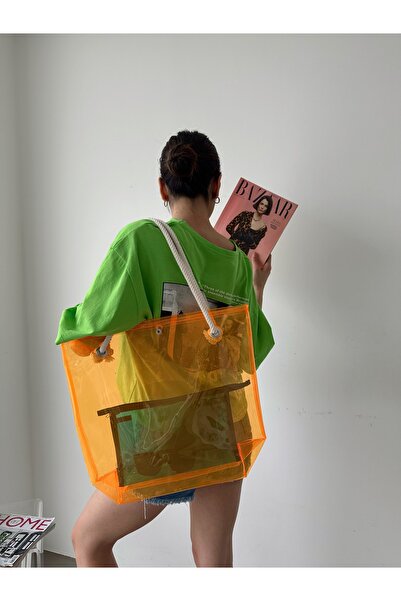 KIRASE حقيبة شاطئ شفافة برتقالية نسائية