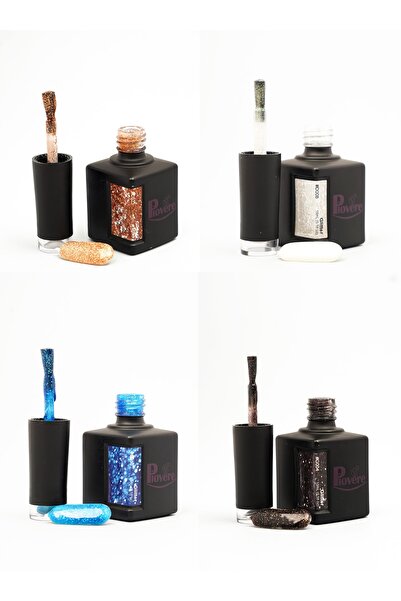PIOVERE 4'lü Set Simli Kalıcı Oje Gül Altın, Mavi, Beyaz, Gök Siyahı (C23,B16,D08,G04)(15ML)