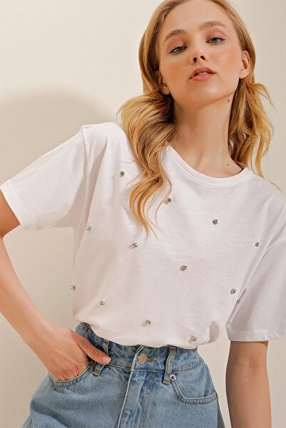 Trend Alaçatı Stili T-Shirt - Weiß - Regular Fit
