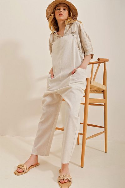 Trend Alaçatı Stili Overalls - Beige - Oversize